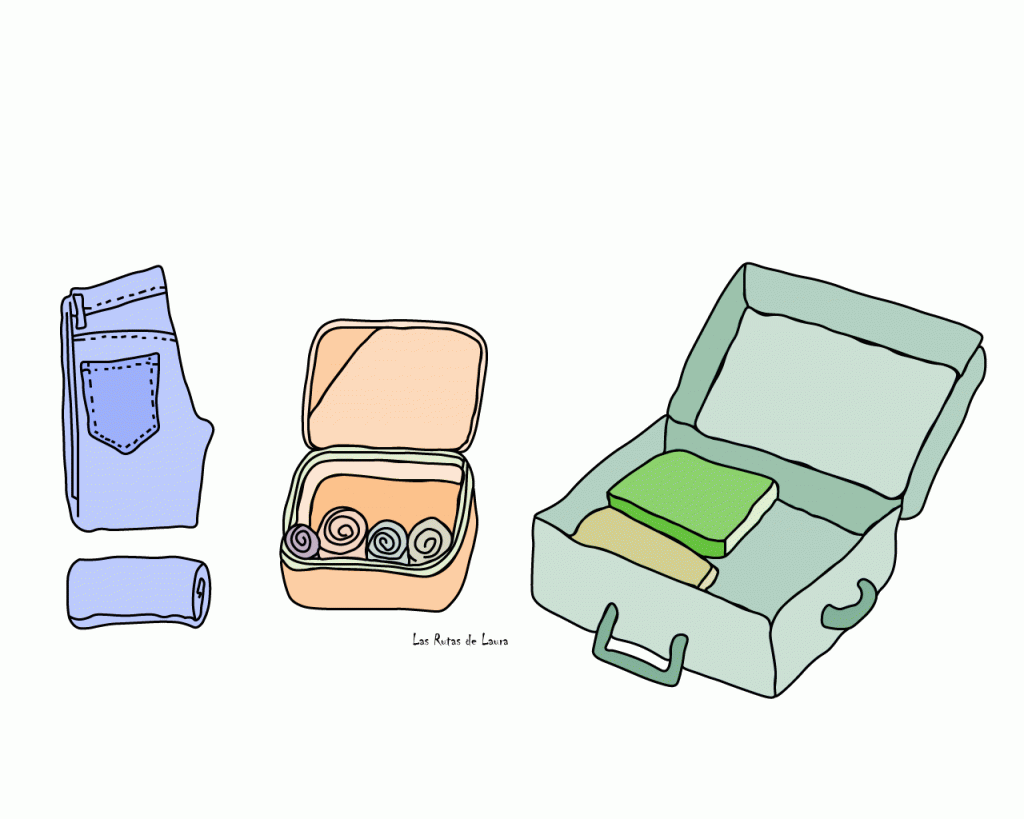 Dibujo en 2D donde se muestra la forma de doblar la ropa en rollos para empacar para un viaje