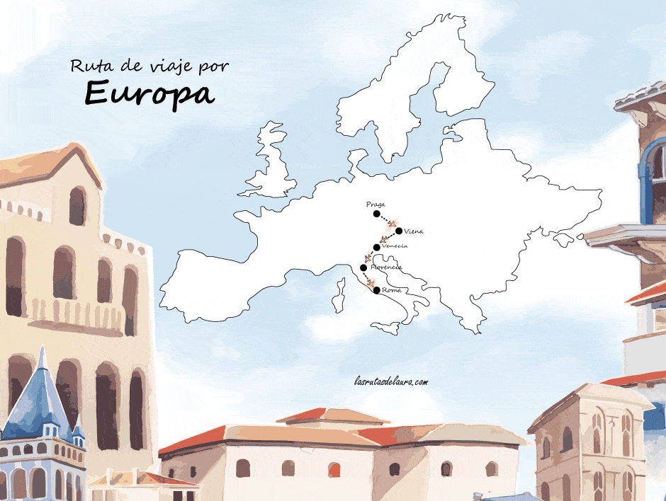 Mapa con ruta de viaje romántico por Europa